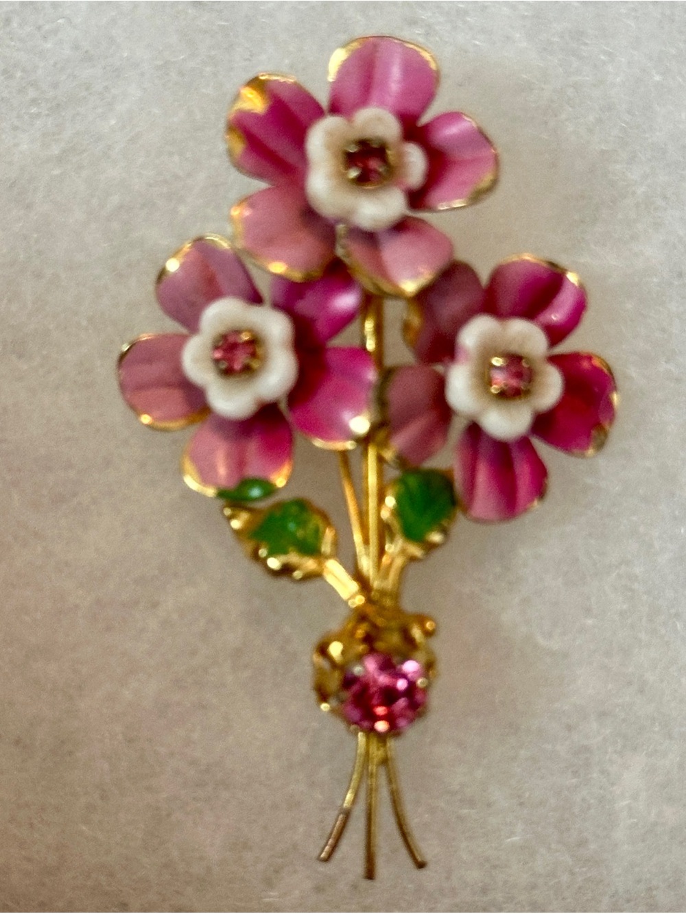 Vintage/Antique Coro Enamel Pink & White Flower Bouquet Brooch Gold Tone Base